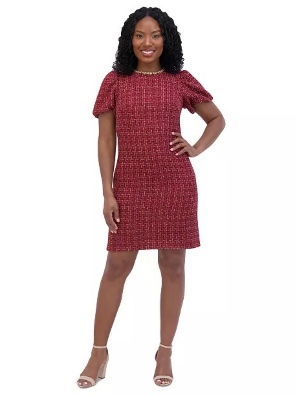 Jessica Howard Red Tweed Puff-Sleeve Sheath Dress with Gold Trim